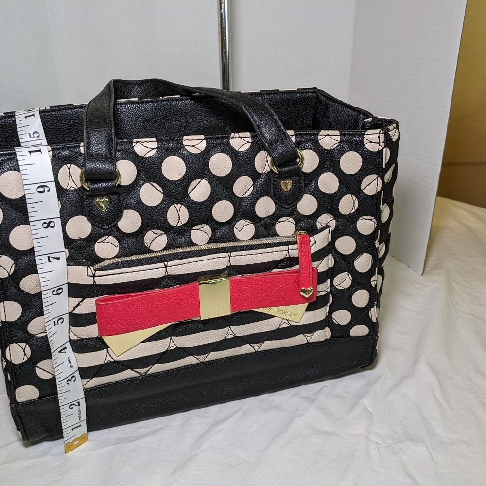 Betsey Johnson Black and White Polka Dot Tote with Red Bow Accent - Picture 4 of 10